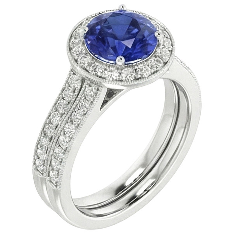 Bague Diamant Naturels Extraits des Mines ( et non cultivés en laboratoire ) Style Antique Set 6 Carats Rond Saphir Bleu Or Blanc
