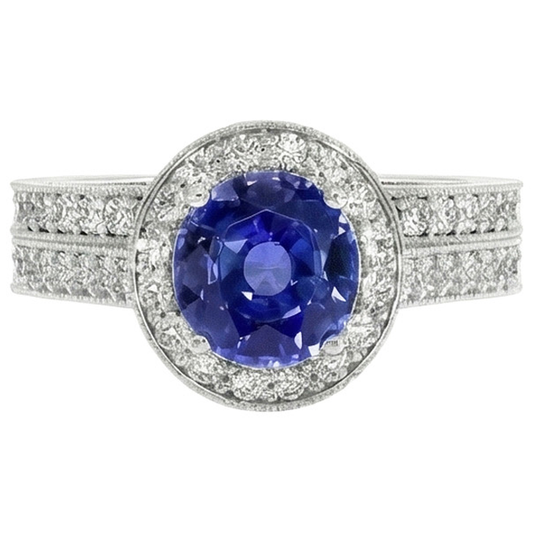 Bague Diamant Naturels Extraits des Mines ( et non cultivés en laboratoire ) Style Antique Set 6 Carats Rond Saphir Bleu Or Blanc