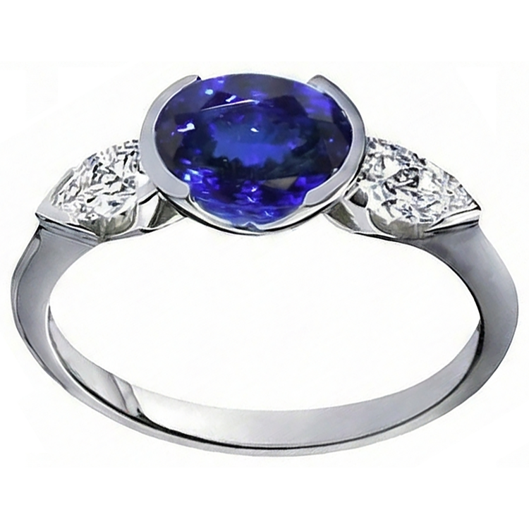 Bague Diamant Naturels Extraits des Mines ( et non cultivés en laboratoire ) Tanzanite Ovale 3 Ct 3 Pierres Or Blanc 14K