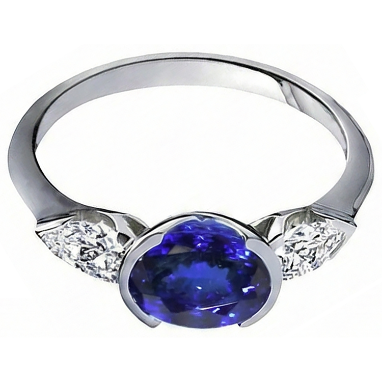 Bague Diamant Naturels Extraits des Mines ( et non cultivés en laboratoire ) Tanzanite Ovale 3 Ct 3 Pierres Or Blanc 14K