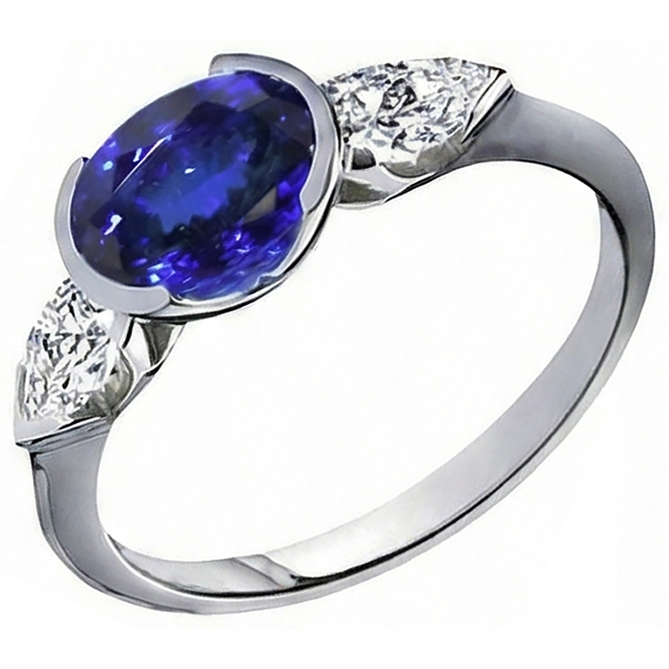 Bague Diamant Naturels Extraits des Mines ( et non cultivés en laboratoire ) Tanzanite Ovale 3 Ct 3 Pierres Or Blanc 14K