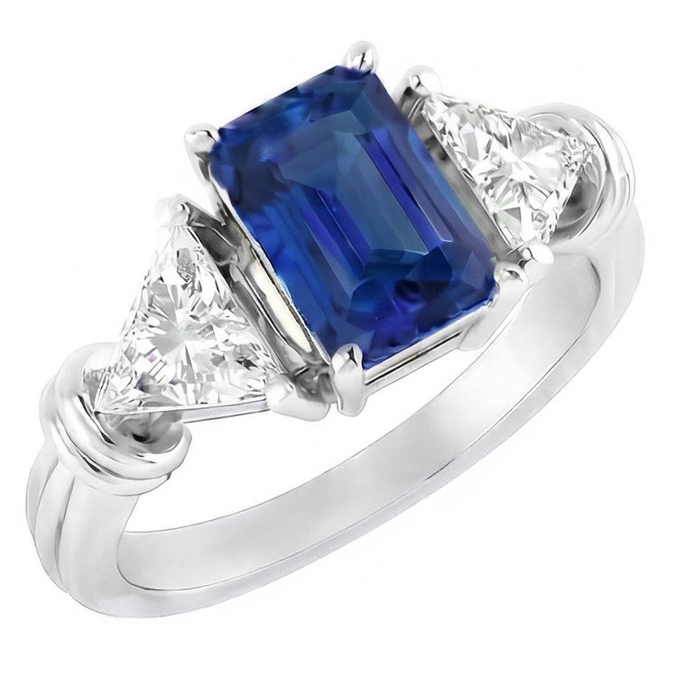 Bague Diamant Trilliant 3 Pierres 1.50 Carats Or Radiant Saphir 14K