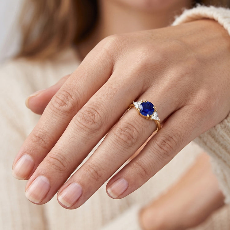 Bague Diamant Trilliant 3 Pierres Or Jaune 2 Carats Saphir Ceylan