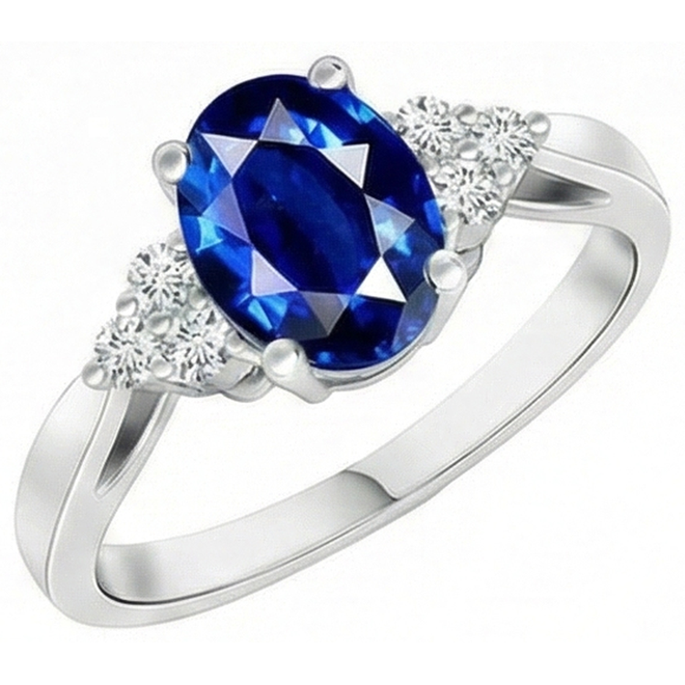 Bague Diamant Naturels Extraits des Mines ( et non cultivés en laboratoire ) et Saphir de Ceylan Ovale Serti Cathédrale Or Blanc