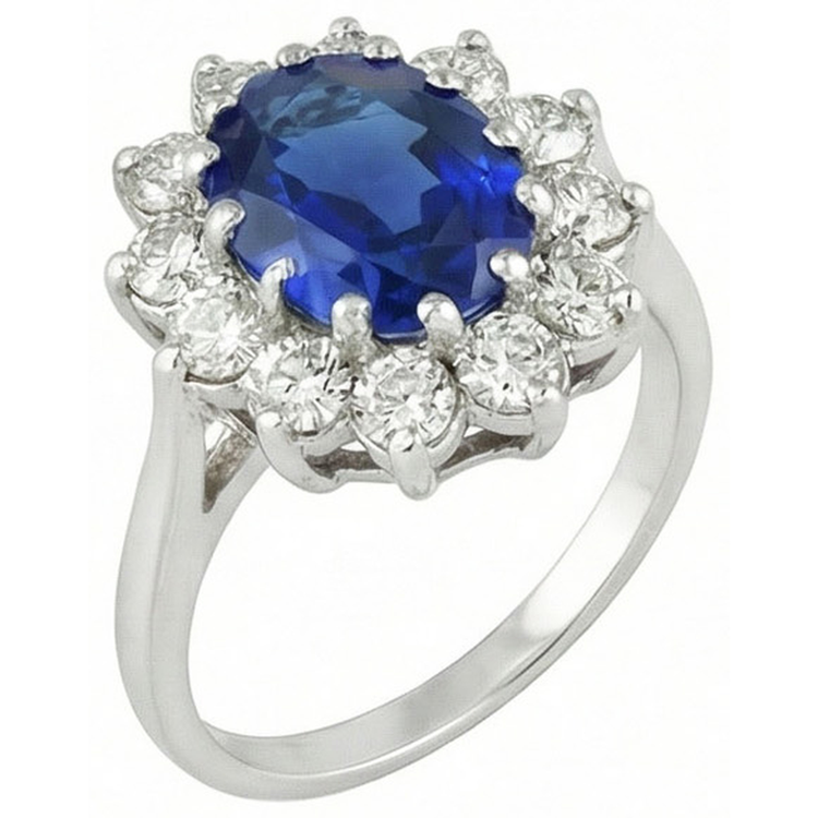 Bague Diamants Naturels Extraits des Mines ( et non cultivés en laboratoire ) Saphir Bleu Sri Lanka 6 Carats Or Blanc 14K