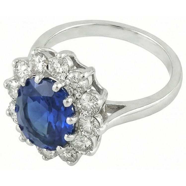 Bague Diamants Naturels Extraits des Mines ( et non cultivés en laboratoire ) Saphir Bleu Sri Lanka 6 Carats Or Blanc 14K