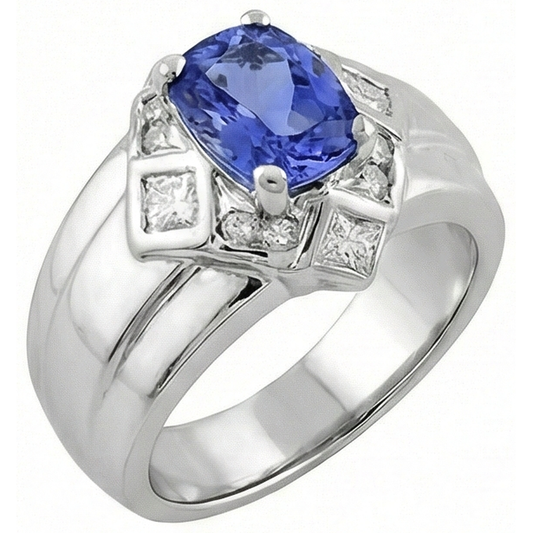Bague Diamants Naturels Extraits des Mines ( et non cultivés en laboratoire ) Tanzanite Coussin 5 Carats Or Blanc 14K