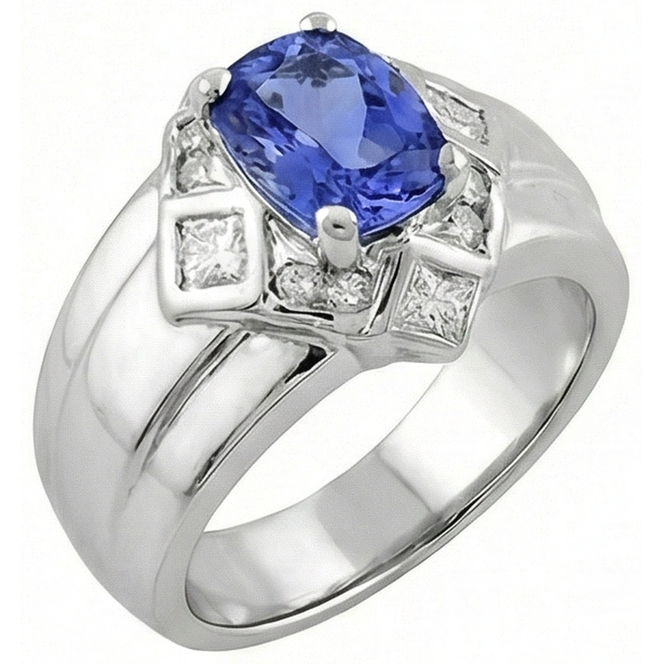 Bague Diamants Naturels Extraits des Mines ( et non cultivés en laboratoire ) Tanzanite Coussin 5 Carats Or Blanc 14K