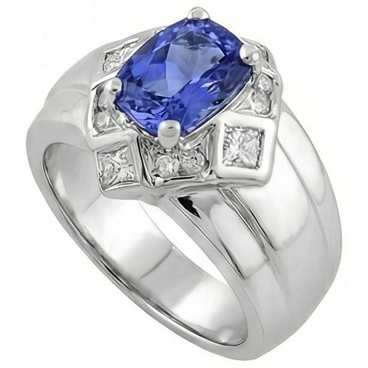 Bague Diamants Naturels Extraits des Mines ( et non cultivés en laboratoire ) Tanzanite Coussin 5 Carats Or Blanc 14K