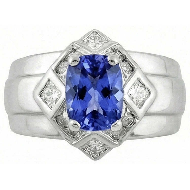 Bague Diamants Naturels Extraits des Mines ( et non cultivés en laboratoire ) Tanzanite Coussin 5 Carats Or Blanc 14K