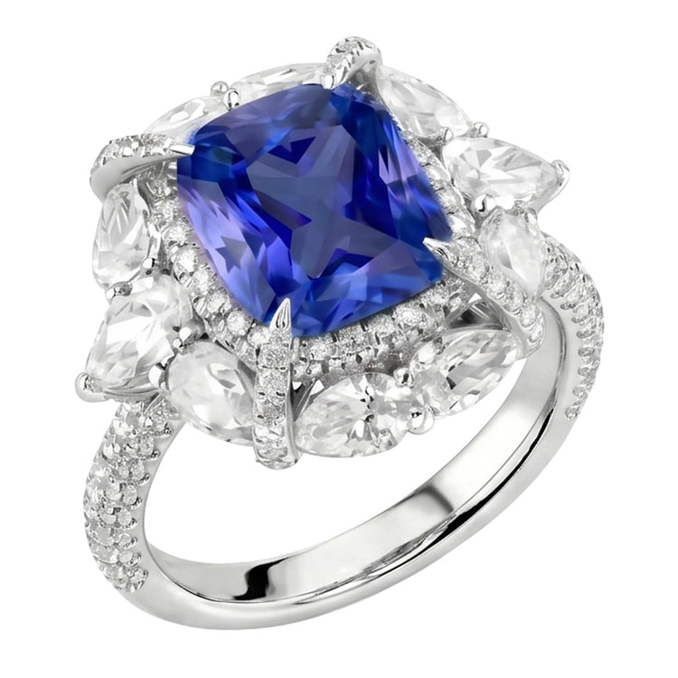Bague Double Halo Coussin Saphir Poire Pavé Diamant Rond 4 Carats