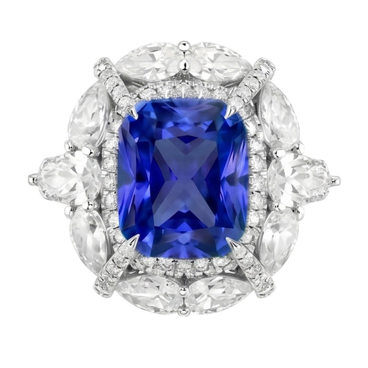 Bague Double Halo Coussin Saphir Poire Pavé Diamant Rond 4 Carats