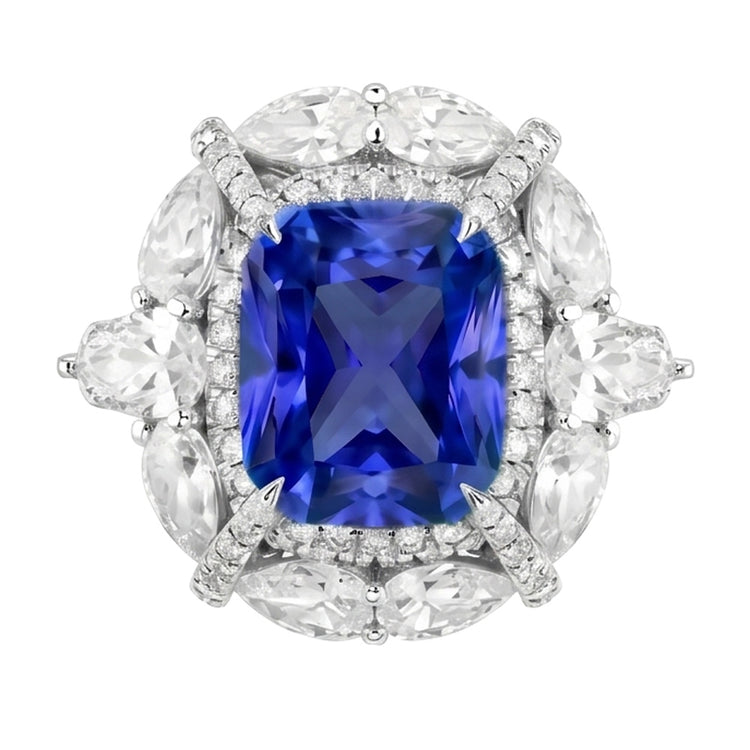 Bague Double Halo Coussin Saphir Poire Pavé Diamant Rond 4 Carats