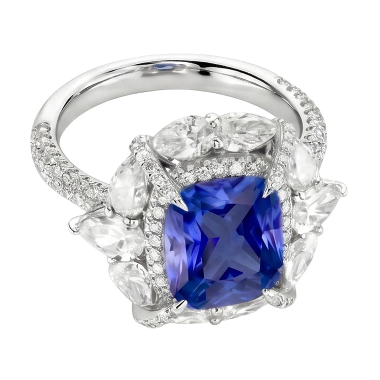 Bague Double Halo Coussin Saphir Poire Pavé Diamant Rond 4 Carats