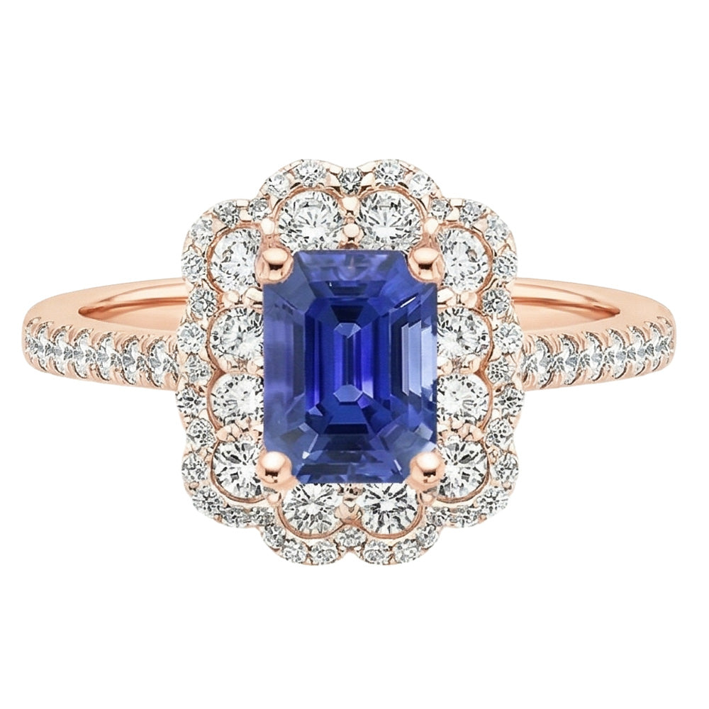 Bague Double Halo Emeraude Saphir Sri Lanka & Diamant Naturels Extraits des Mines ( et non cultivés en laboratoire ) 5 Carats