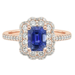 Bague Double Halo Emeraude Saphir Sri Lanka & Diamant Naturels Extraits des Mines ( et non cultivés en laboratoire ) 5 Carats