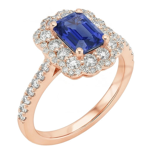 Bague Double Halo Emeraude Saphir Sri Lanka & Diamant Naturels Extraits des Mines ( et non cultivés en laboratoire ) 5 Carats