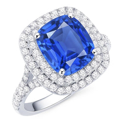 Bague Double Halo Ovale Ceylan Saphir 4 Carats Diamant Split Tige