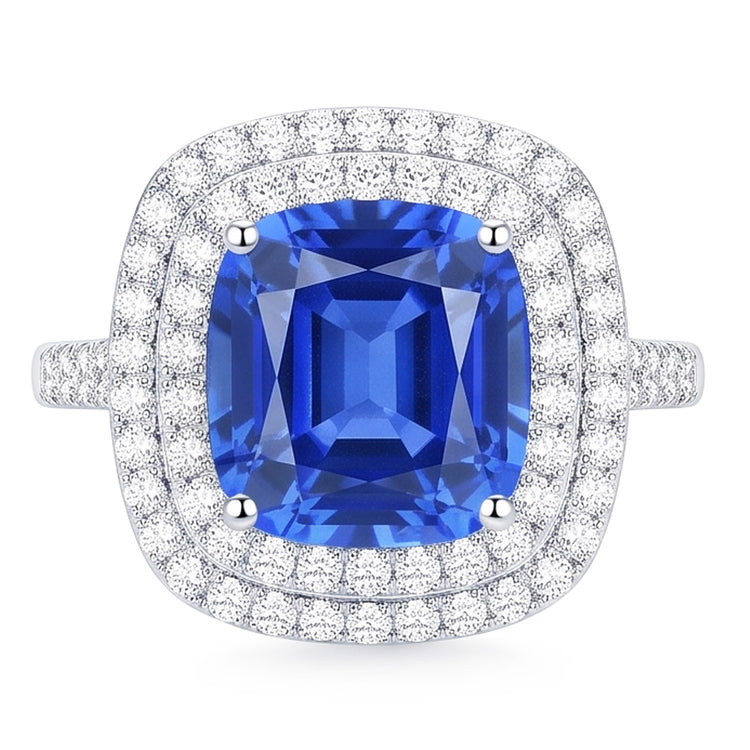 Bague Double Halo Ovale Ceylan Saphir 4 Carats Diamant Split Tige