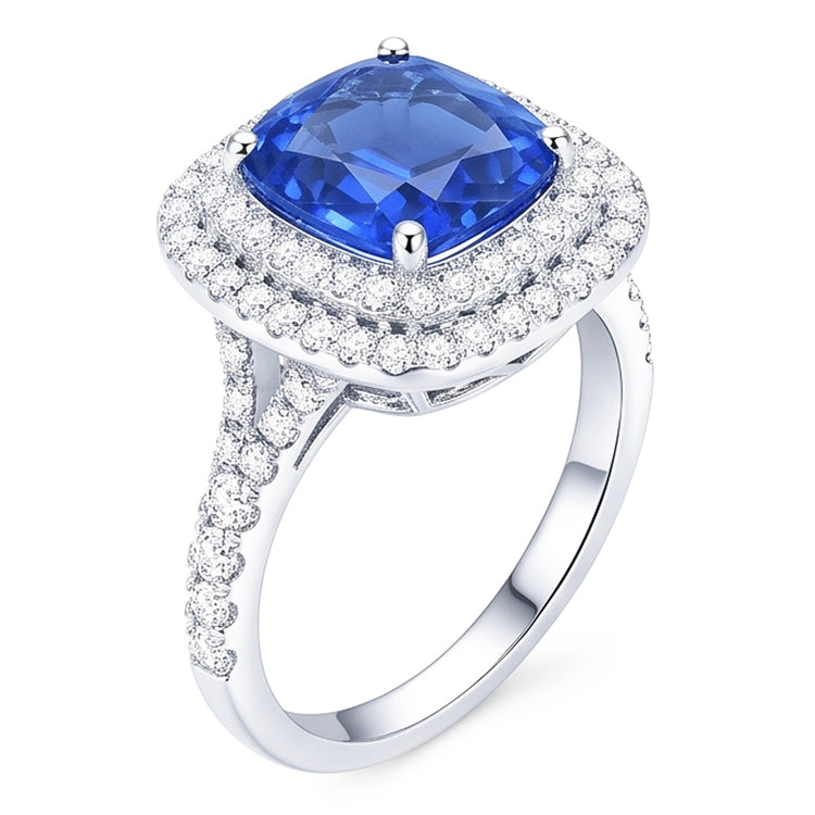Bague Double Halo Ovale Ceylan Saphir 4 Carats Diamant Split Tige