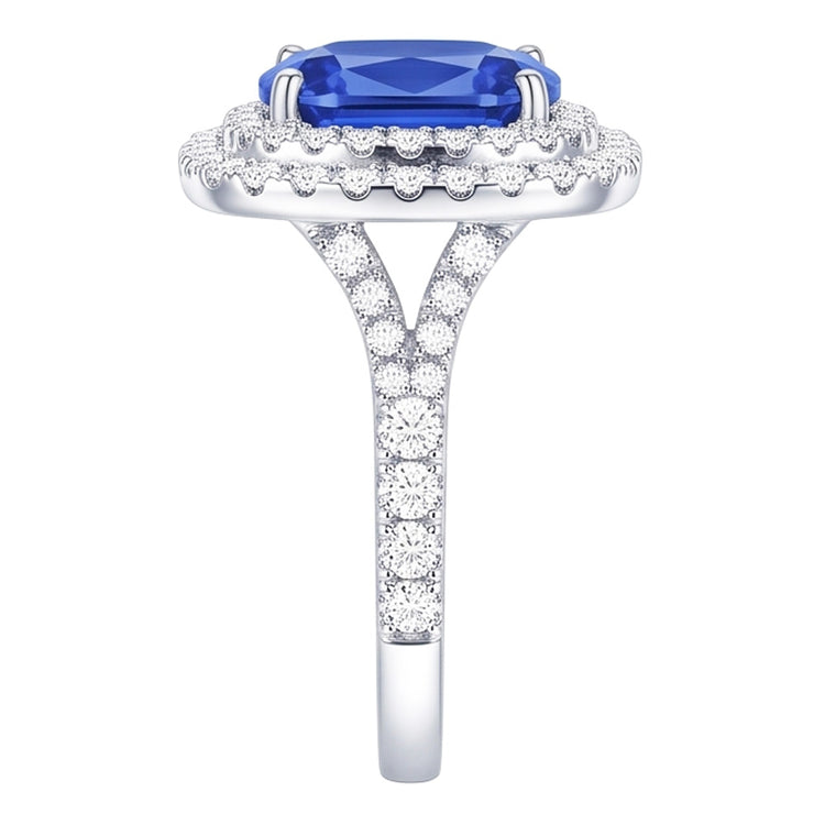 Bague Double Halo Ovale Ceylan Saphir 4 Carats Diamant Split Tige