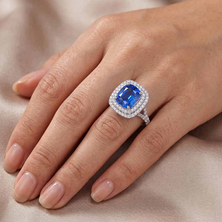 Bague Double Halo Ovale Ceylan Saphir 4 Carats Diamant Split Tige