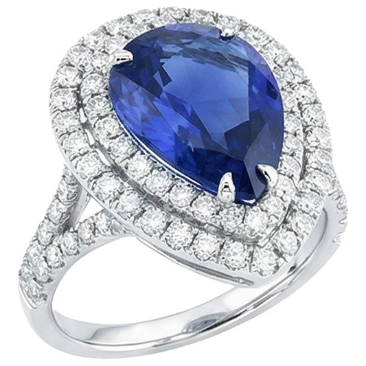 Bague Double Halo Poire Saphir Sri Lankais & Diamants 6.50 Carats