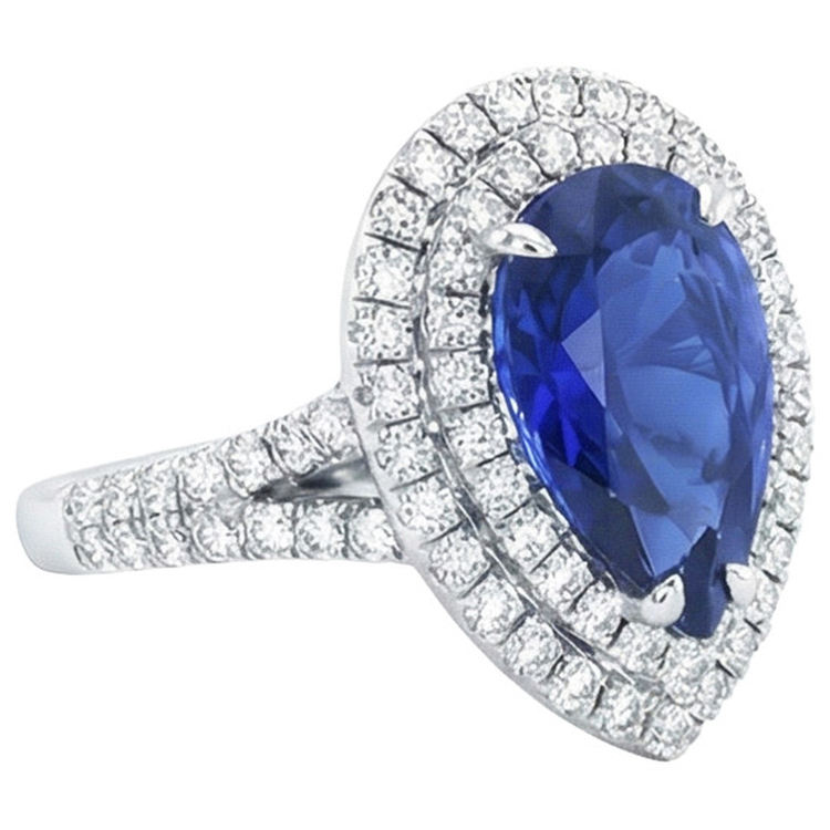 Bague Double Halo Poire Saphir Sri Lankais & Diamants 6.50 Carats