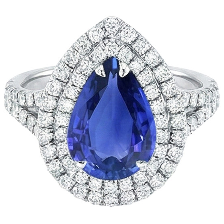 Bague Double Halo Poire Saphir Sri Lankais & Diamants 6.50 Carats