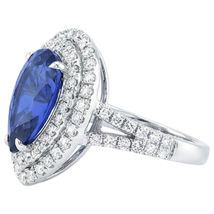 Bague Double Halo Poire Saphir Sri Lankais & Diamants 6.50 Carats