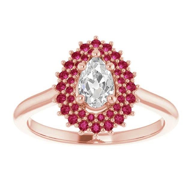 Bague Double Halo Poire Vieux Mineur Véritable Diamant Rond Rubis 3.50 Carats