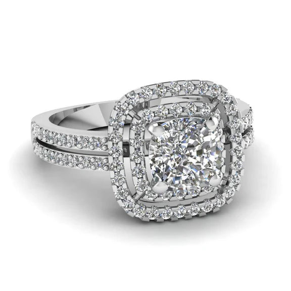 Bague Double Halo Réel Diamant Taille Coussin Et Ronde 2.50 Carats WG 14K