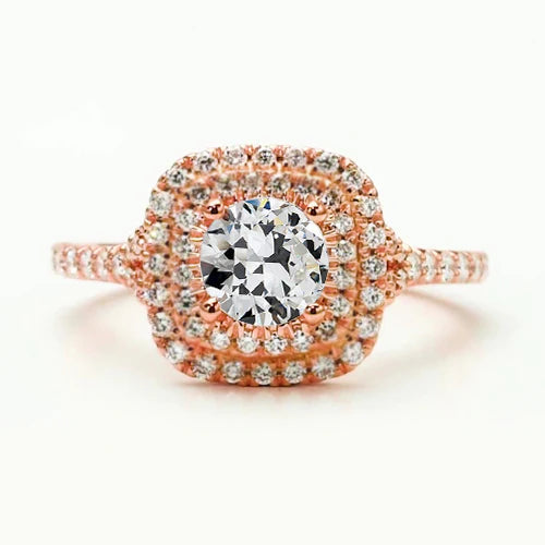 Bague Double Halo Réel Diamant Taille Vieille Mine Or Rose 3 Carats Bijoux