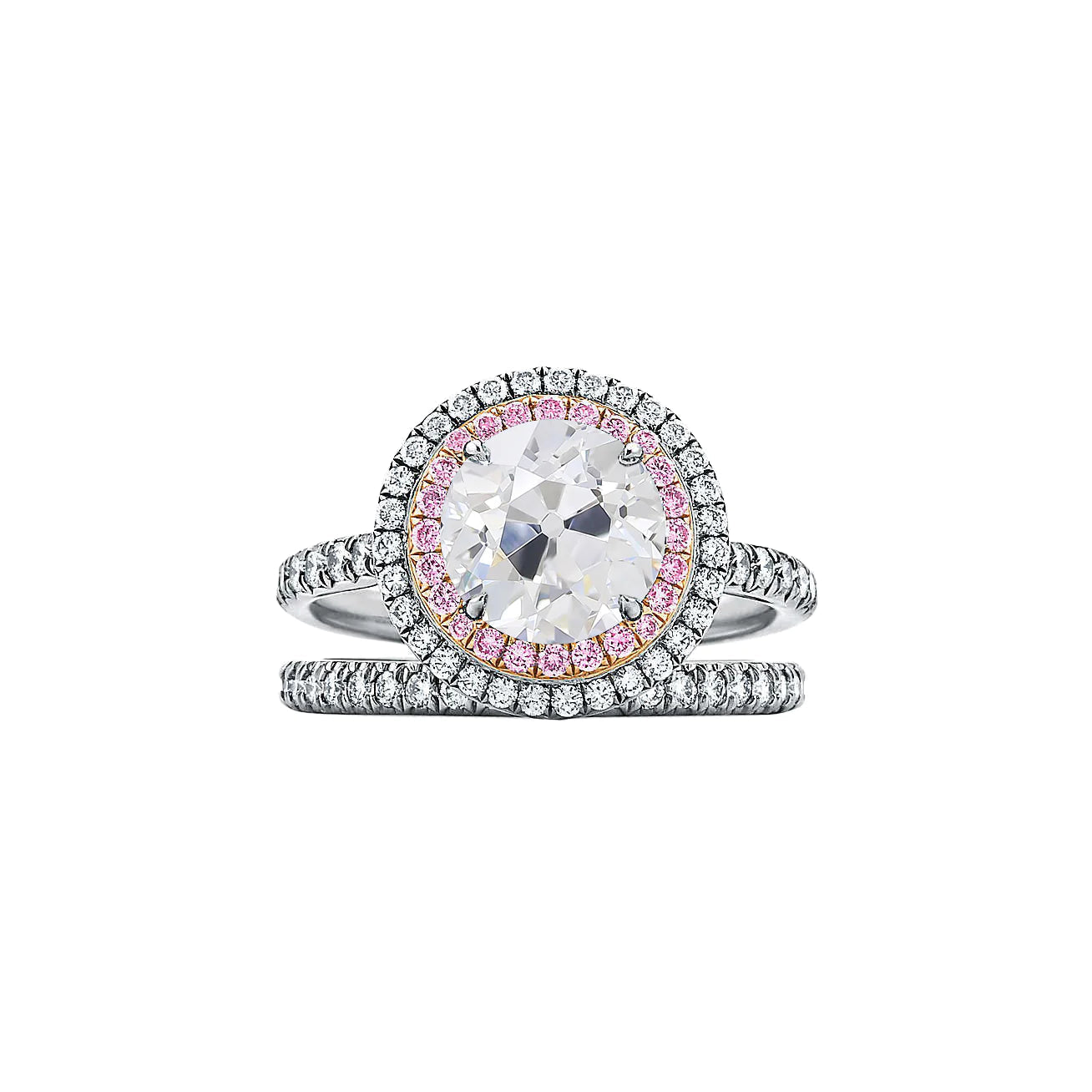 Bague Double Halo Sertie Réel Diamant Rond Taille Ancienne & Saphir Rose 4.50 Carats