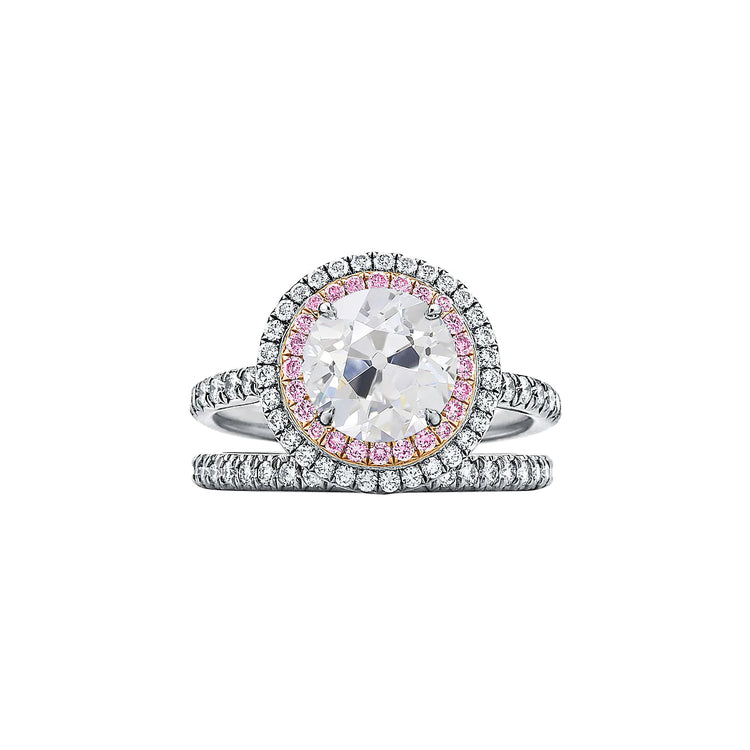 Bague Double Halo Sertie Réel Diamant Rond Taille Ancienne & Saphir Rose 4.50 Carats