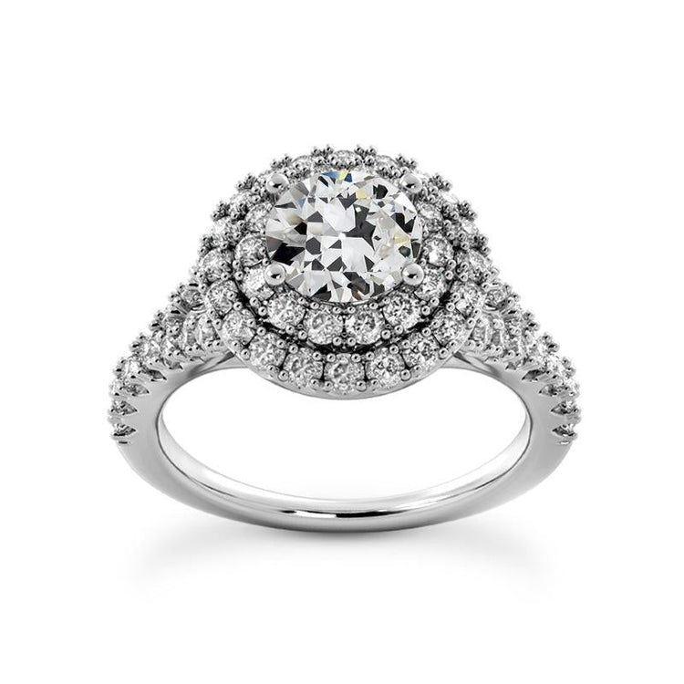 Bague Double Halo Véritable Diamant Taille Ancienne Ronde Or Blanc 14K 5.50 Carats