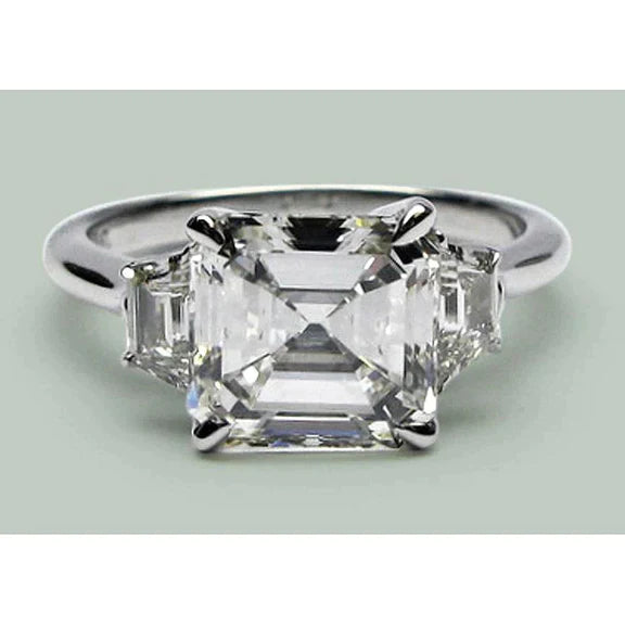 Bague Eagle Claw Prongs Asscher & Trapèze Réel Diamant 3 Pierres