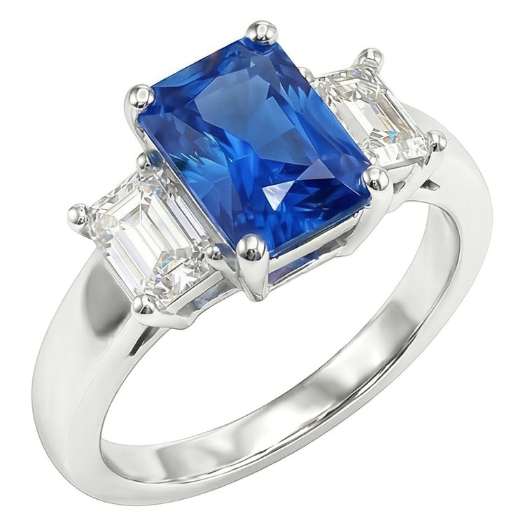 Bague Emeraude 3 Pierres Diamant Pierres Précieuses 3 Carats Saphir Bleu Clair