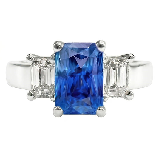 Bague Emeraude 3 Pierres Diamant Pierres Précieuses 3 Carats Saphir Bleu Clair