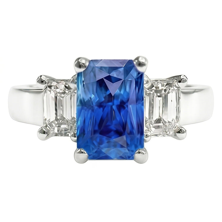 Bague Emeraude 3 Pierres Diamant Pierres Précieuses 3 Carats Saphir Bleu Clair