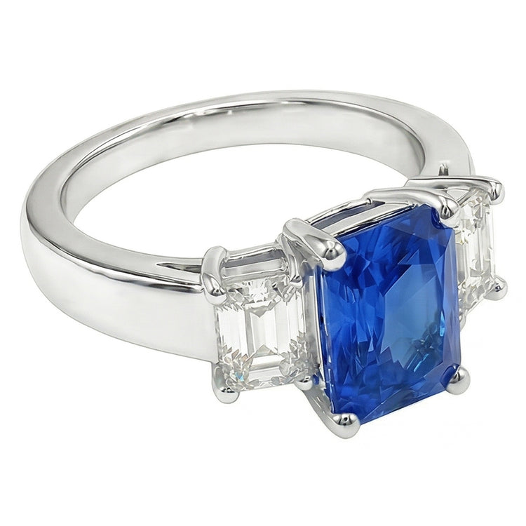 Bague Emeraude 3 Pierres Diamant Pierres Précieuses 3 Carats Saphir Bleu Clair