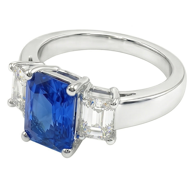 Bague Emeraude 3 Pierres Diamant Pierres Précieuses 3 Carats Saphir Bleu Clair