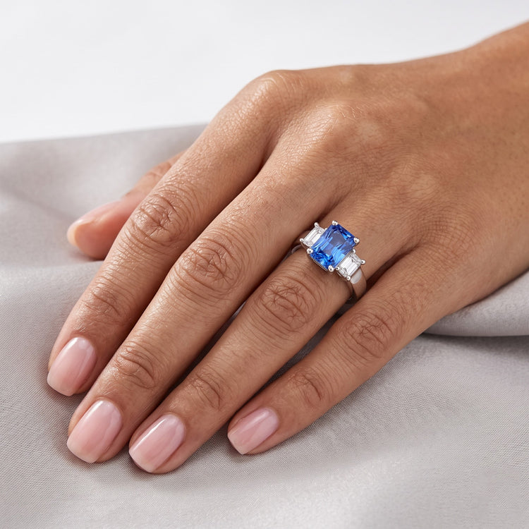 Bague Emeraude 3 Pierres Diamant Pierres Précieuses 3 Carats Saphir Bleu Clair