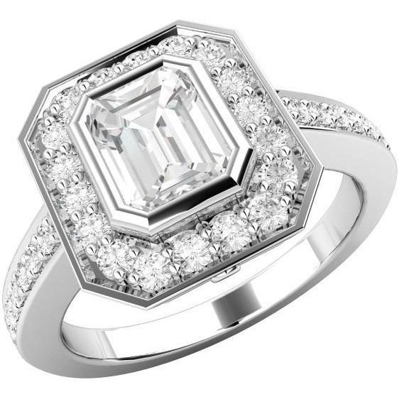 Bague Emeraude Et Véritable Diamant Coupe Ronde De 3.75 Ct Halo En Or Blanc