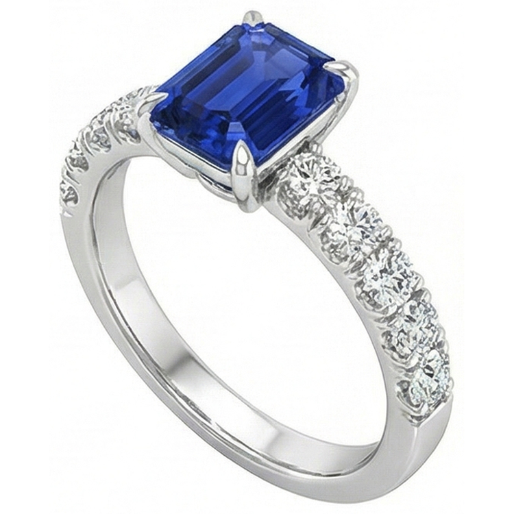 Bague Emeraude Solitaire Accents Saphir Bleu & Diamant Naturels Extraits des Mines ( et non cultivés en laboratoire ) 4.25 Carats