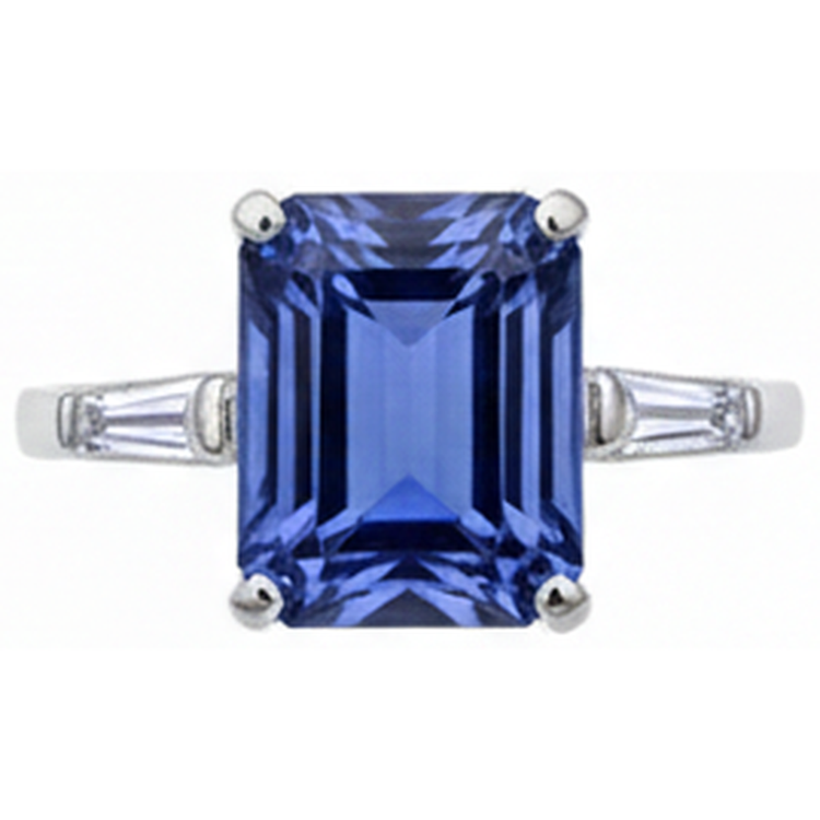 Bague Emeraude Tanzanite & Diamant Naturels Extraits des Mines ( et non cultivés en laboratoire ) Baguette 12.12 Carats Or Blanc 14K