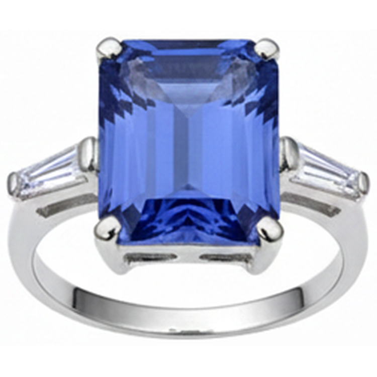 Bague Emeraude Tanzanite & Diamant Naturels Extraits des Mines ( et non cultivés en laboratoire ) Baguette 12.12 Carats Or Blanc 14K