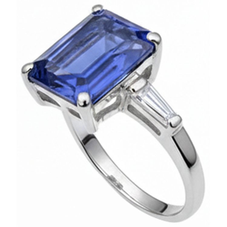 Bague Emeraude Tanzanite & Diamant Naturels Extraits des Mines ( et non cultivés en laboratoire ) Baguette 12.12 Carats Or Blanc 14K