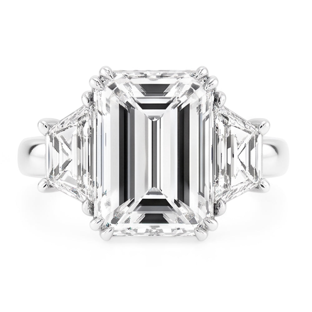 Bague Emeraude Trapèze Gros Véritable Diamant Trois Pierres 9 Carats