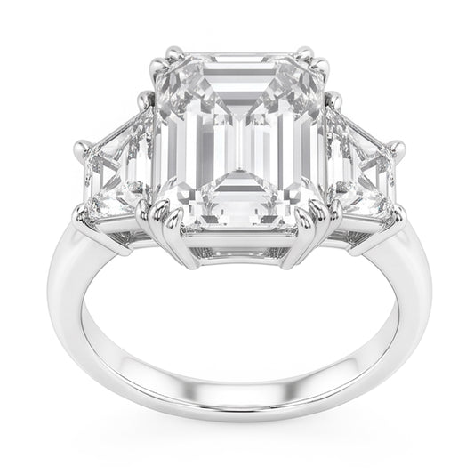Bague Emeraude Trapèze Gros Véritable Diamant Trois Pierres 9 Carats